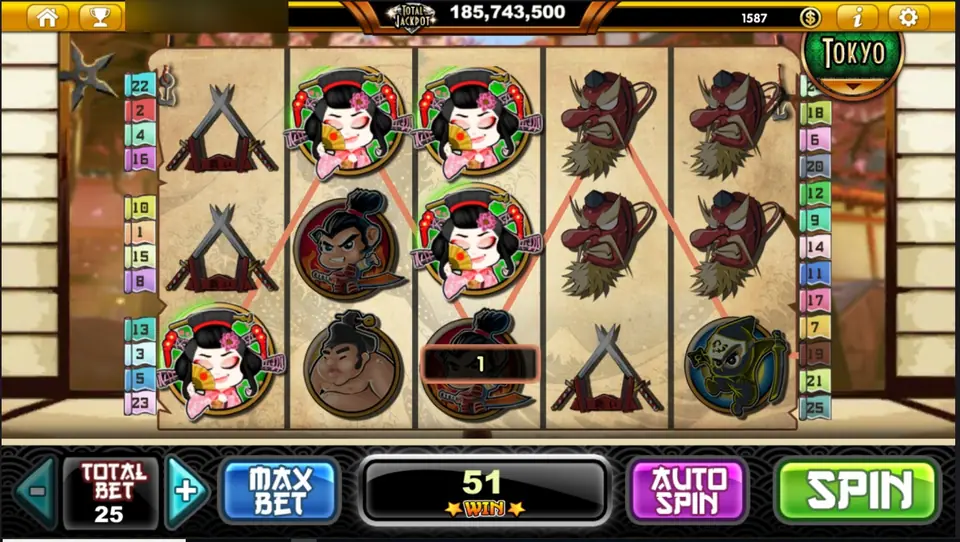 Geisha symbols on a winning line with a 1 marker and a spin total of 51