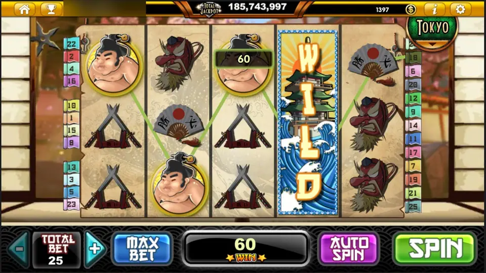 A full-reel WILD on reel 4 completing a sumo line for 60