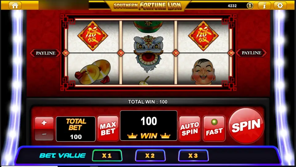 Lion dance head centred on the payline between cymbals and a Buddha mask, total win 100
