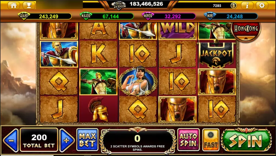 Sparta's Legacy 5x4 reels with Spartan warriors, an archer, a queen in white, a helmet and a JACKPOT tile, carved stone card symbols and a cloudy sky