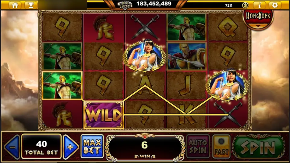 Two queen medallions glowing on the reels with a WILD on reel 2 and a win of 6