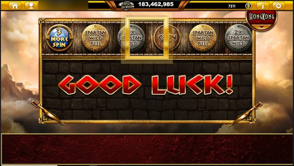 A row of bronze shields rolling past a gold frame above the words GOOD LUCK