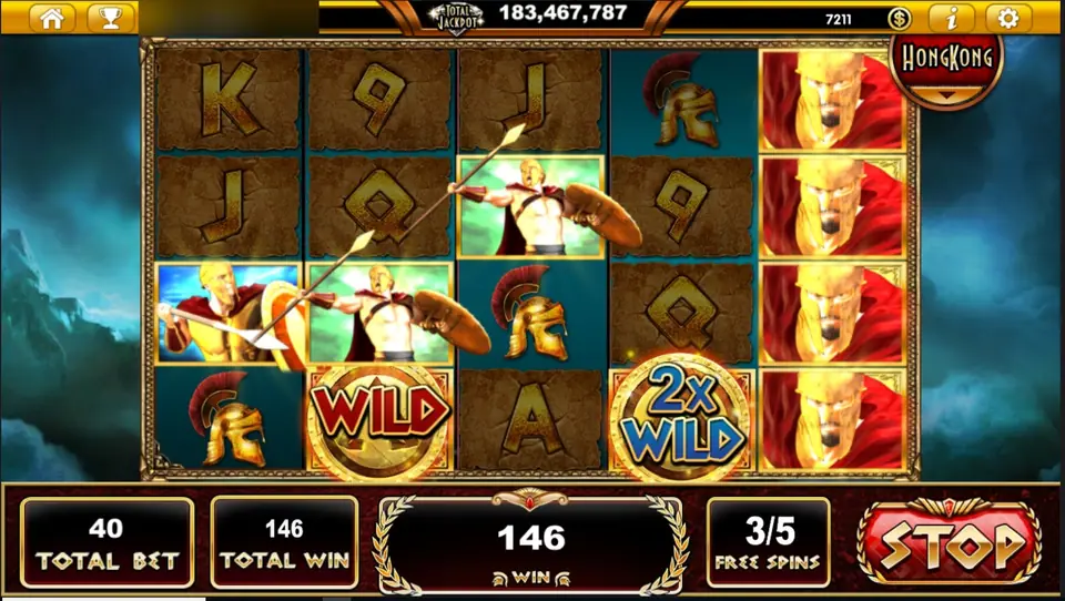 Free spins with the red-caped king stacked on reel 5 and a 2x WILD shield on reel 4, win 146