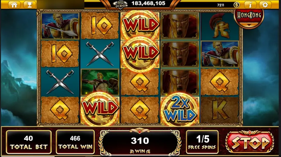 A later free spin with three WILD shields and a 2x WILD, win 310, total 466