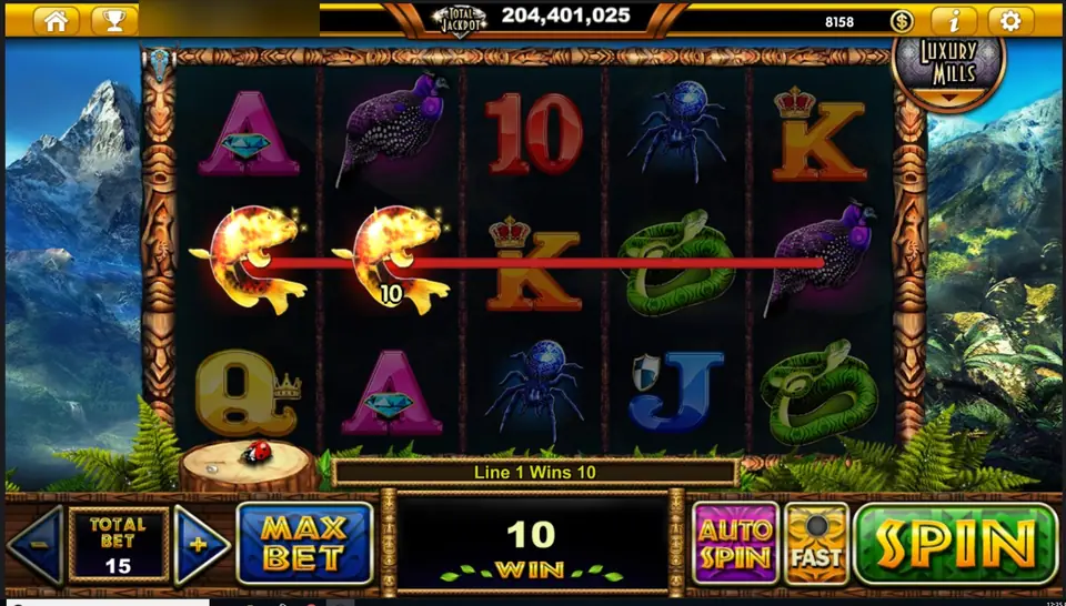 Two golden salmon on the middle row paying 10 on line 1