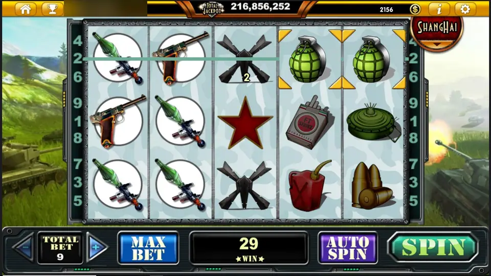 Tank Attack spin paying 29 at a total bet of 9, with crossed rifles marked 2 on a line past rocket launchers and grenades