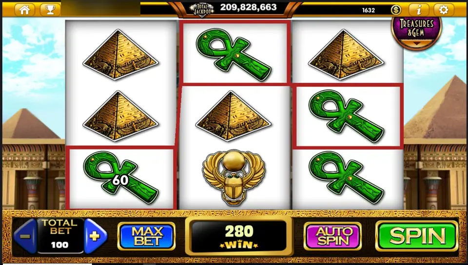 The Lost Gems 3x3 grid with green ankhs boxed in red on three different rows, 60 on the first ankh and 280 in the WIN box