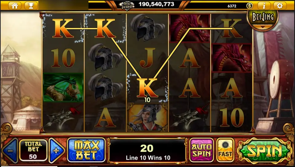 The Mulan line 10 win: a gold line through K, K, K on a 5x4 grid, message box reading Line 10 Wins 10 and 20 in total at bet 50