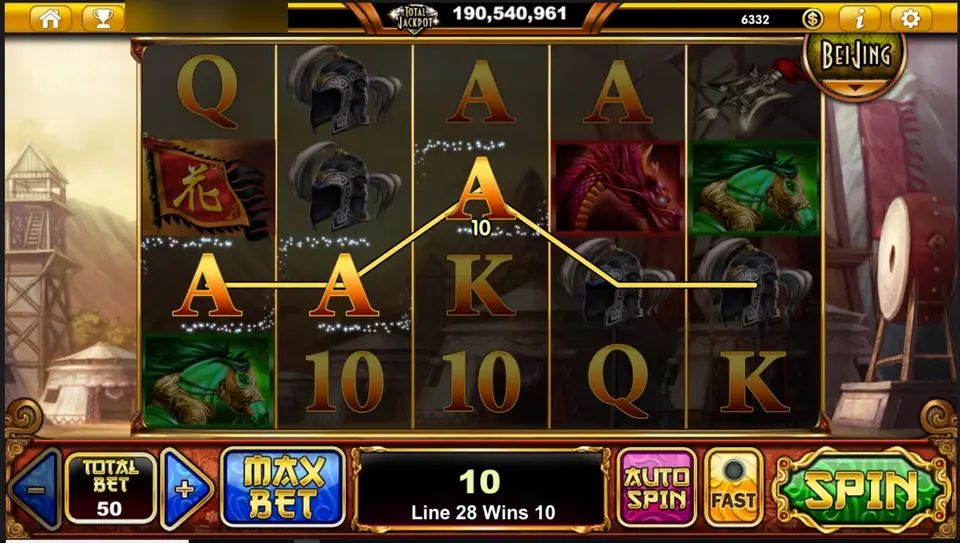 The Mulan line 28 win: three gold A symbols joined by a gold line, message box reading Line 28 Wins 10