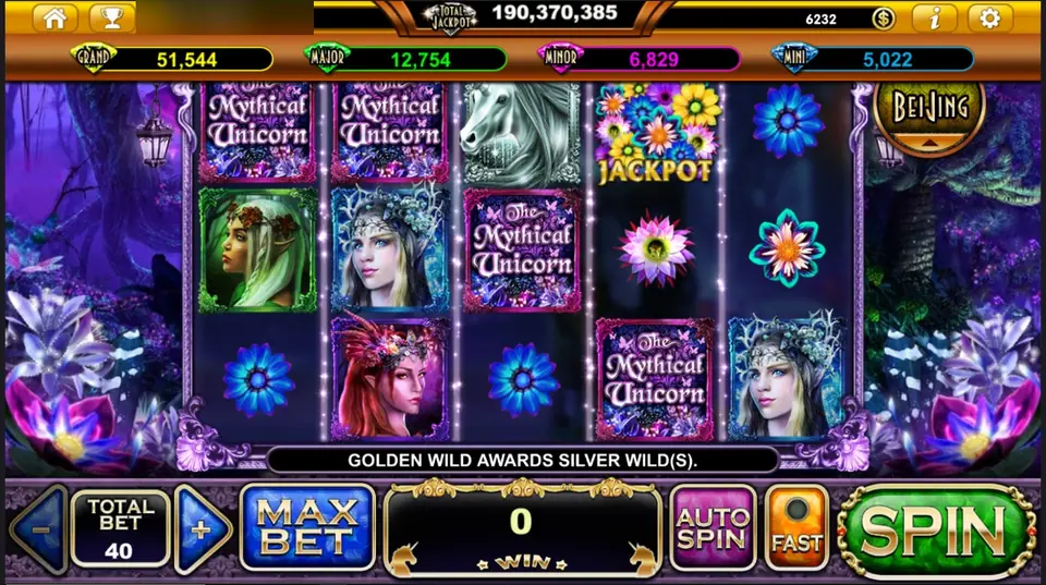 The Mythical Unicorn on Live22 with fairy portraits, a silver unicorn head, logo tiles, glowing flowers and a JACKPOT symbol in a purple forest