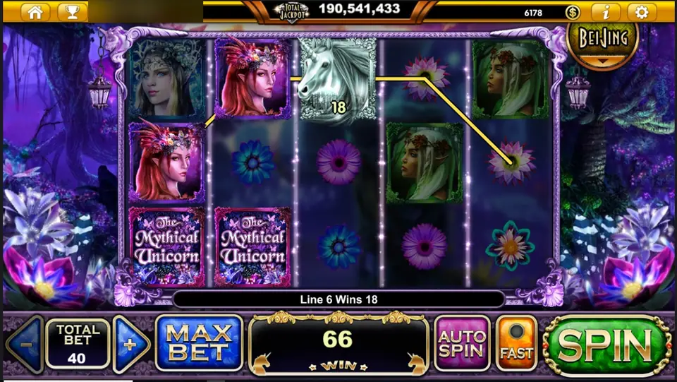 The Mythical Unicorn line 6 win: a gold line from a fairy through the red-haired fairy to the silver unicorn head marked 18, strip reading Line 6 Wins 18