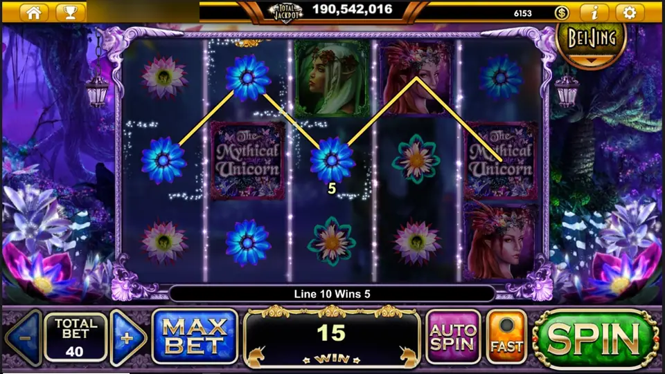 Three blue glowing flowers joined in a V on line 10, strip reading Line 10 Wins 5 and 15 in the WIN box at bet 40