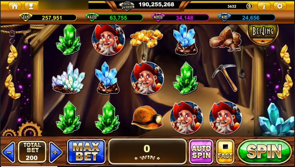 Treasures Varna reels on Live22 with green emeralds, blue crystals, gold nuggets, a miner's helmet, a pickaxe and a bearded old miner in a mine shaft