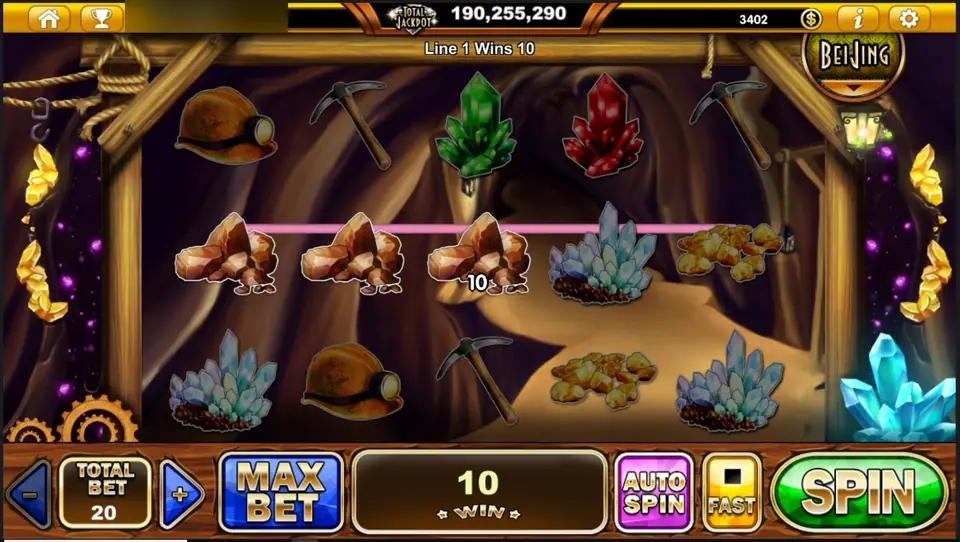 Treasures Varna line 1 win: three copper ore nuggets on the middle row under a pink bar, 10 on the third nugget and 10 in the WIN box at bet 20