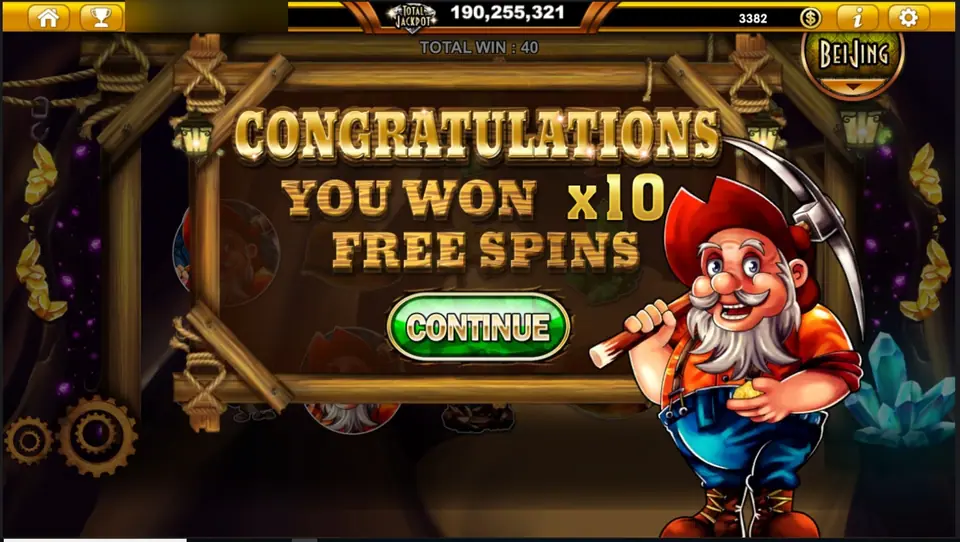 Treasures Varna free spins award sign reading Congratulations, You Won x10 Free Spins with a green Continue button and the old miner holding a pickaxe