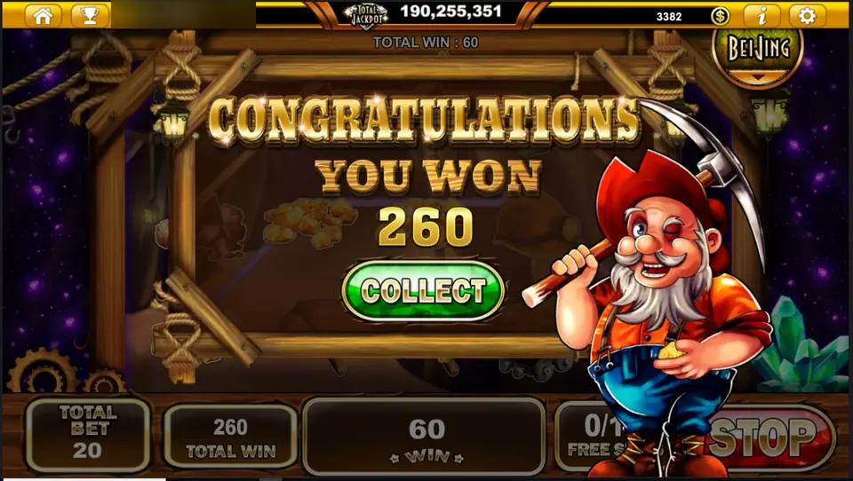 Treasures Varna end-of-feature sign reading Congratulations, You Won 260 with a Collect button, the panel showing 0/10 free spins and a STOP button