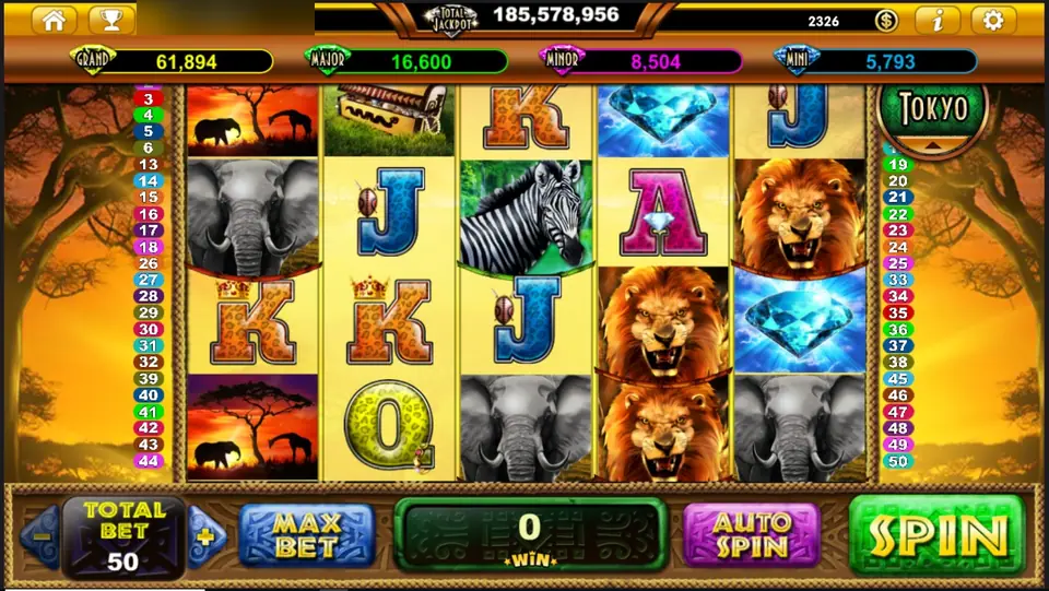 Wilds of Africa on Live22 with an elephant, a zebra, stacked lions, blue diamonds and card letters on gold reels against an acacia sunset