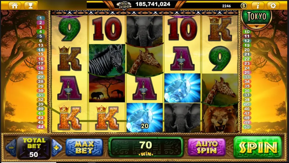 Wilds of Africa bottom-row line of K, K and a glowing blue diamond marked 20, with 70 in the WIN box at total bet 50
