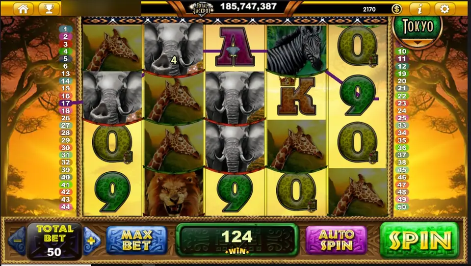 Several elephant lines on reels 1 to 3 of Wilds of Africa, coloured line strokes from the side tabs and 124 in the WIN box