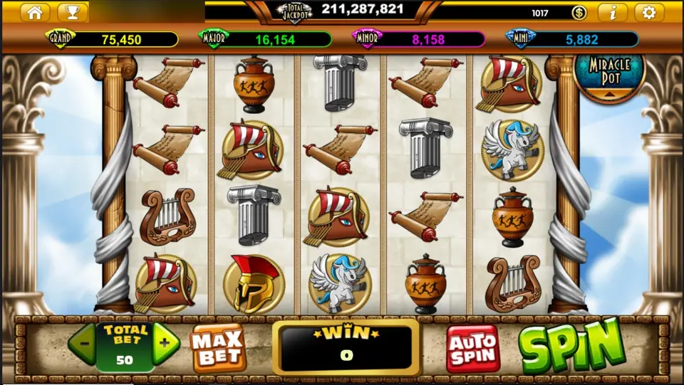 Zeus D'Mighty on Live22 with scrolls, an amphora, marble columns, Spartan helmets, a lyre and Pegasus coins on white reels between temple pillars