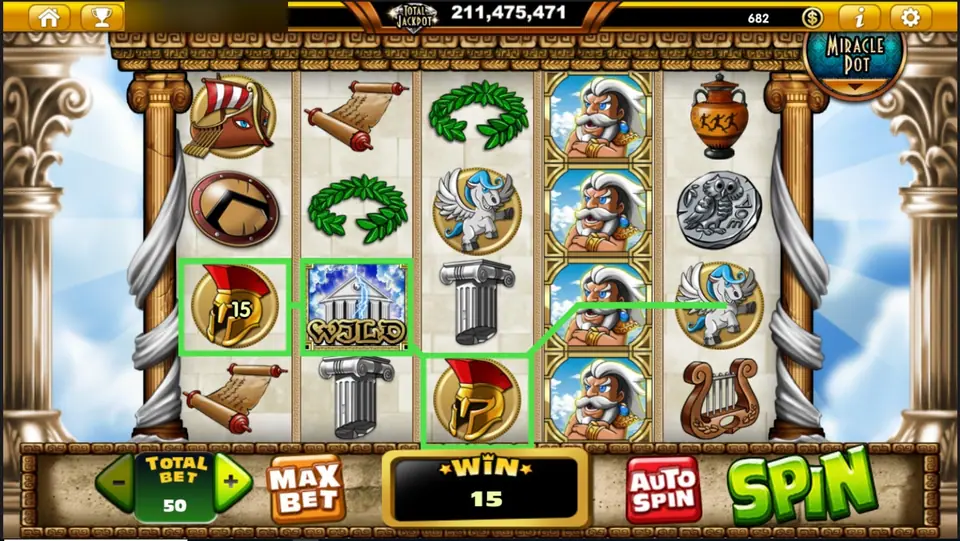 Zeus D'Mighty win of 15: helmet, temple WILD and helmet boxed in green, with Zeus stacked four high on reel 4