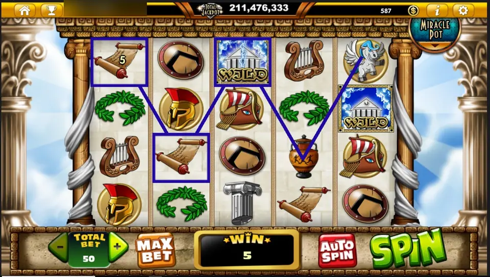 Scroll line boxed in blue with a WILD on reel 3 and a second WILD on reel 5, WIN box showing 5 at bet 50