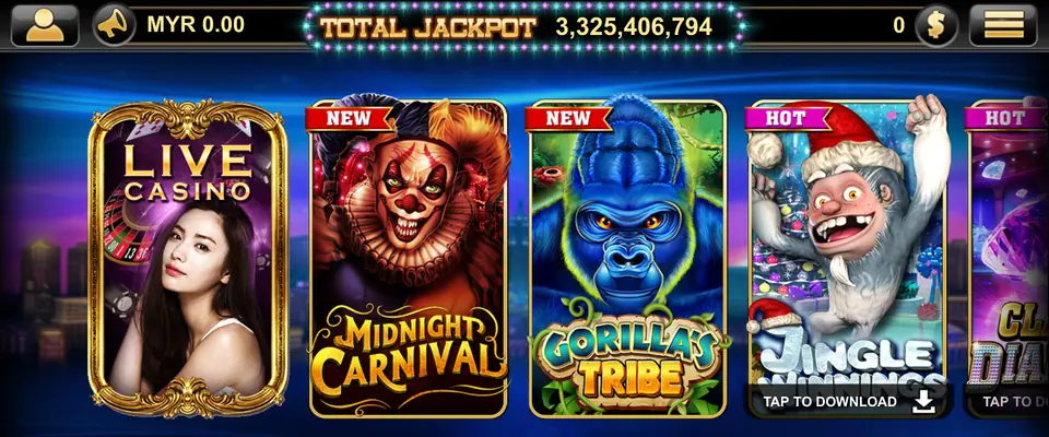 Live22 lobby with a MYR balance, a TOTAL JACKPOT counter and tiles for Live Casino, Midnight Carnival, Gorilla's Tribe and Jingle Winnings