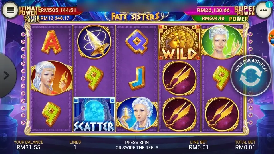 Fate Sisters reels on LPE88 in landscape with the three sister portraits, gold shears, a spindle, a WILD tile and a blue SCATTER