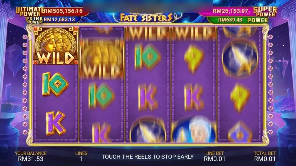 Fate Sisters spinning with blurred reels and the prompt touch the reels to stop early