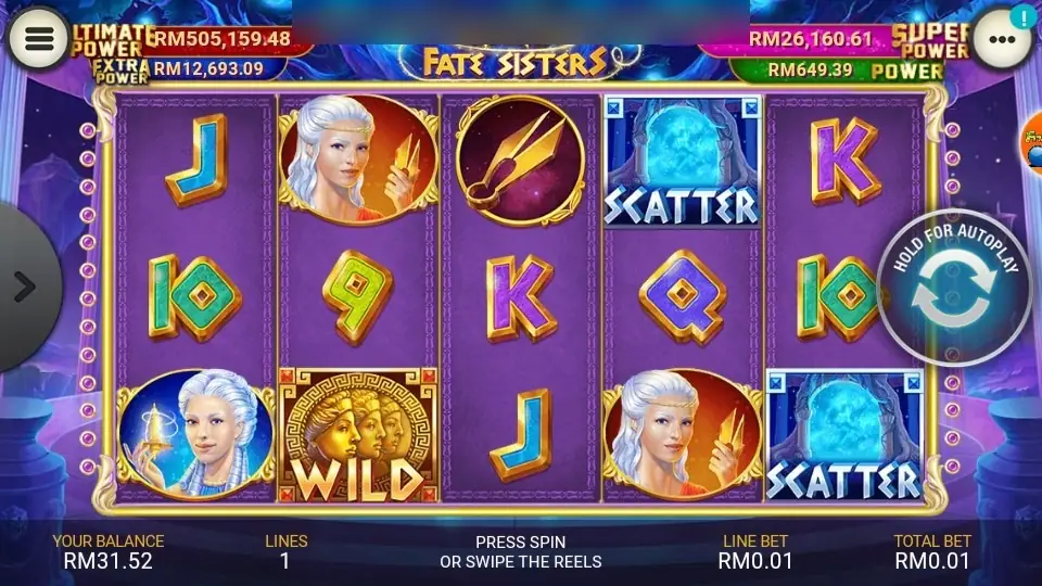 Fate Sisters reels at rest with two blue SCATTER symbols on reels 4 and 5 and a WILD on reel 2