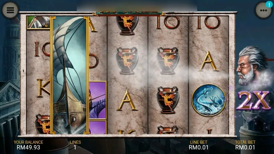 Zeus blowing a gust of wind across the reels as the marker changes to 2X