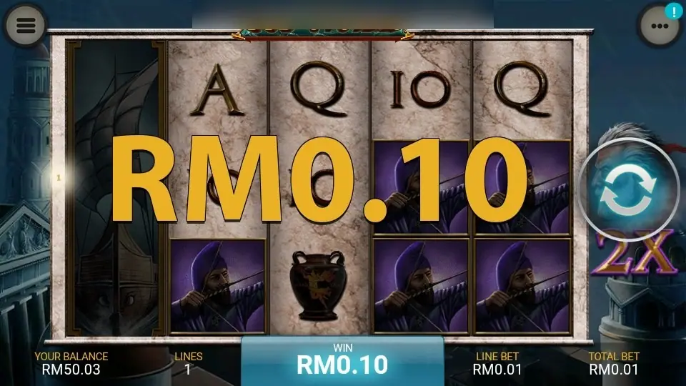 Win of RM0.10 shown in large gold figures over purple archer symbols with the 2X marker