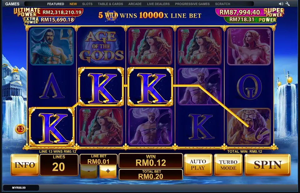 Banner reading 5 WILD wins 10000x line bet above a K line win on line 13