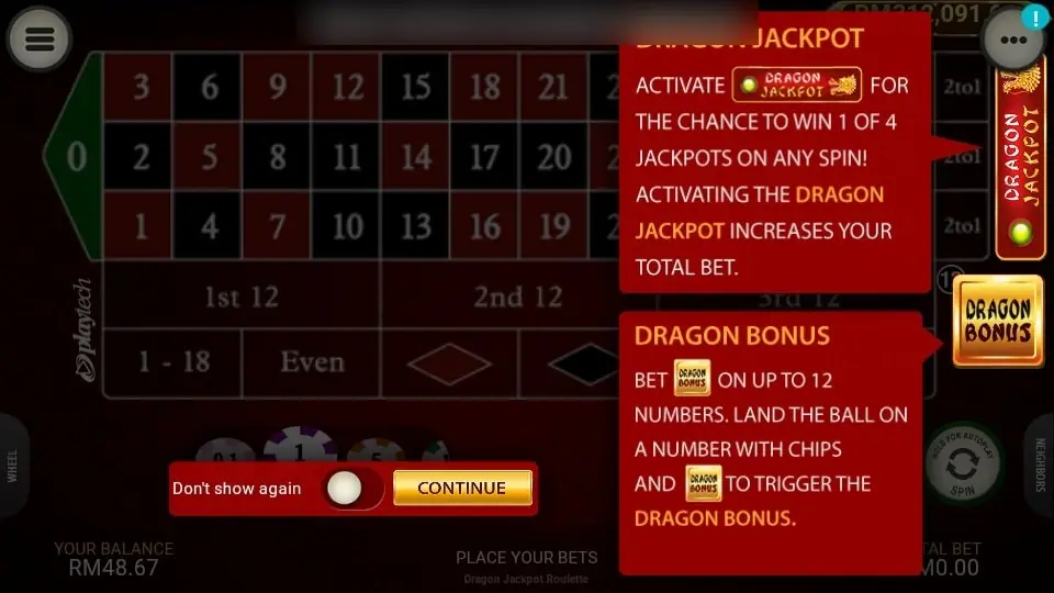 Dragon Jackpot Roulette on LPE88 with the rules pop-up explaining the Dragon Jackpot and Dragon Bonus side bets over the betting table