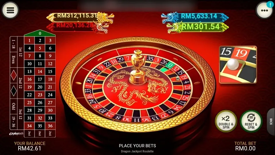 Roulette wheel with a gold dragon in the centre and the ball resting on 19, with the four jackpot bars above