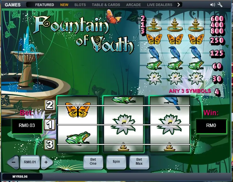 Fountain of Youth on LPE88 with three reels, lines numbered 2, 1 and 3, and the paytable of fountains, butterflies, birds, frogs and water lilies