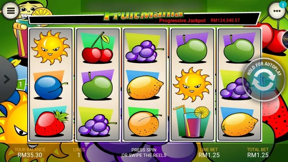 Fruit Mania on LPE88 with cartoon sun, cherries, grapes, apples, lemon and a cocktail glass on five reels under the progressive jackpot bar