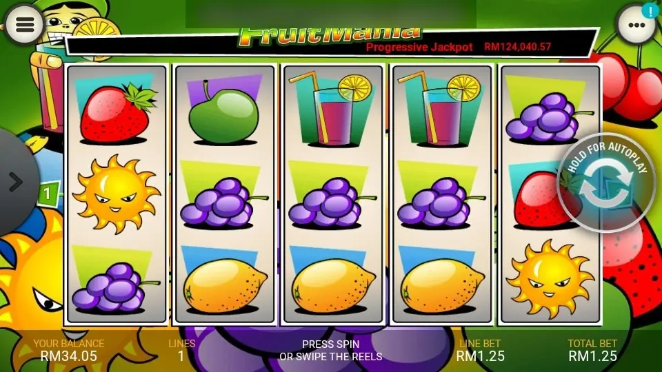 Fruit Mania reels settled with grapes on reels 2 to 4 of the middle row but a sun on reel 1, no win