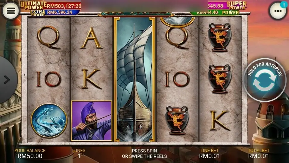 God of Storms in landscape with a purple archer, a ship stacked on reel 3 and sea-serpent coins