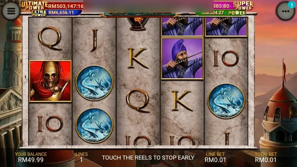 Reels mid-spin with the prompt touch the reels to stop early and two sea-serpent coins on reel 2