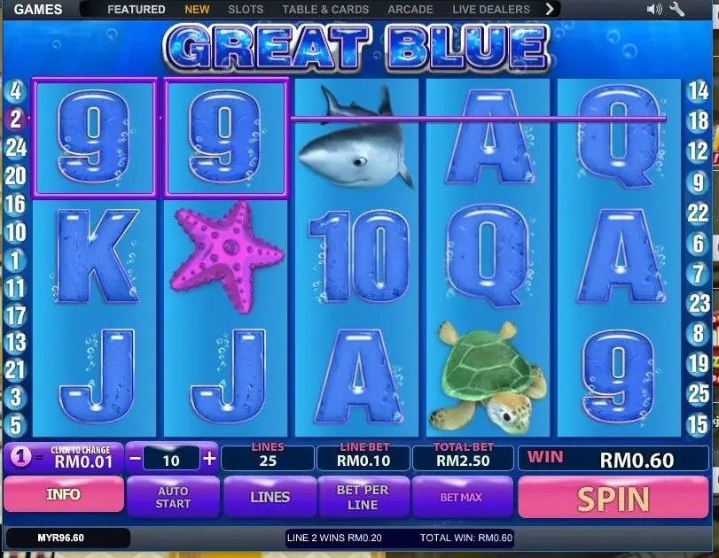 Great Blue on LPE88: GREAT BLUE title over blue bubble 9s, starfish, shark and turtle, with 25 line numbers down both sides and the RM2.50 bet panel