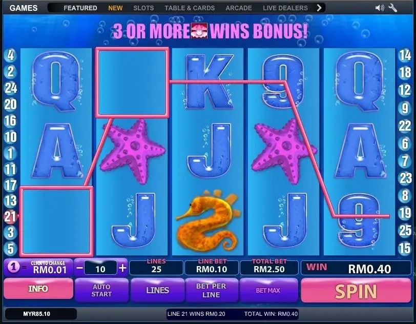 Great Blue reels on LPE88 with the banner 3 OR MORE WINS BONUS at the top and a pink line win on line 21 paying RM0.40