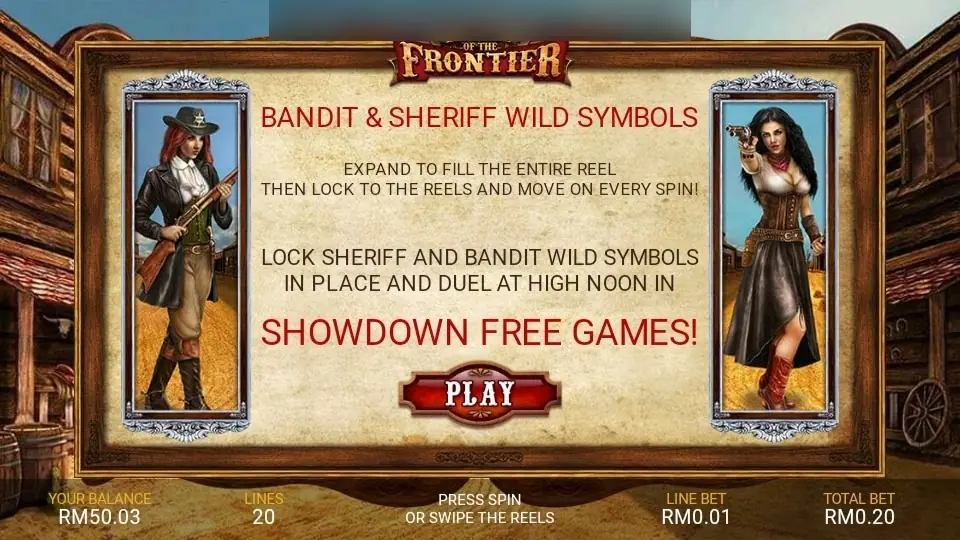 Heart of the Frontier rules screen on LPE88 showing the Bandit and Sheriff wild symbols and the Showdown Free Games text with a PLAY button