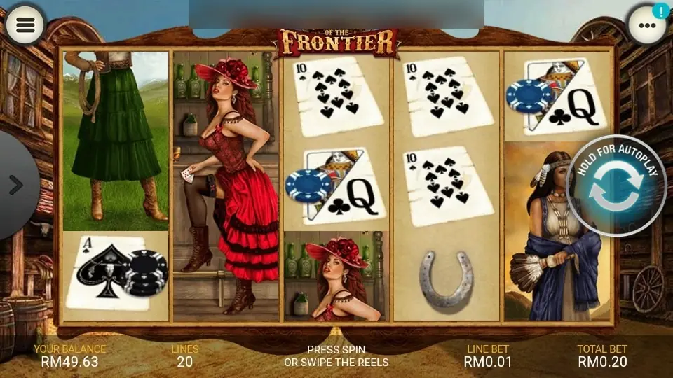 Heart of the Frontier reels with a saloon singer stacked on reel 2 and a woman with a feather fan on reel 5