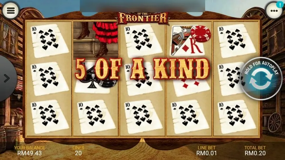 Five of a kind banner across the reels, spelt out over a row of 10 of spades cards