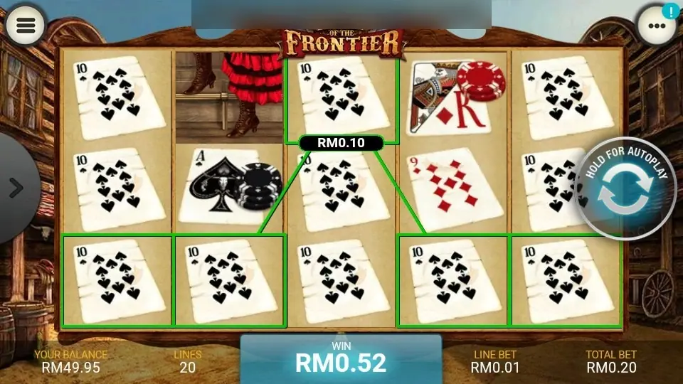 Winning lines traced in green over 10 of spades cards with a RM0.52 total win