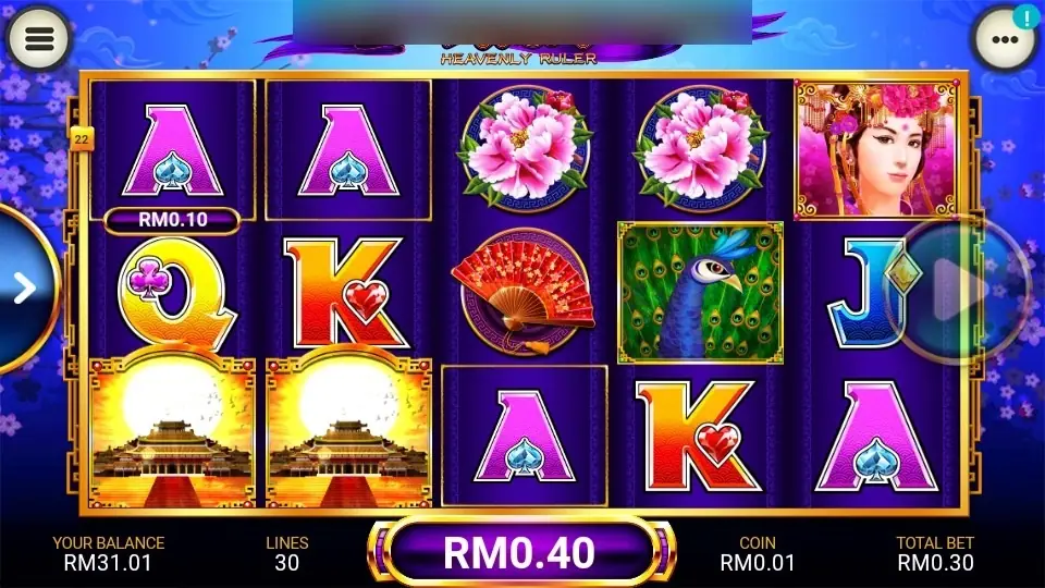 Heavenly Ruler line 22 win on LPE88: three A symbols framed, RM0.10 label under the first, two palace tiles below and RM0.40 in the bottom banner
