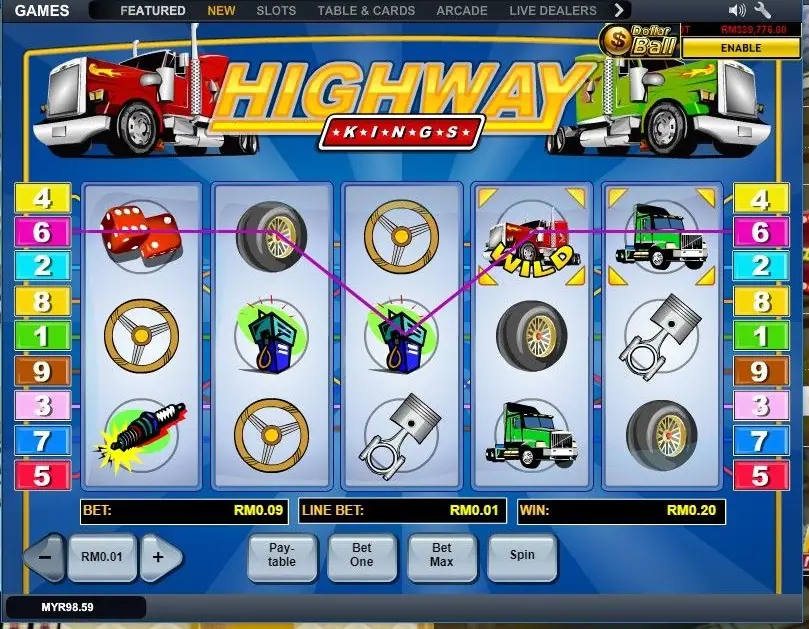 Highway Kings line 6 win of RM0.20 on LPE88, with fuel pumps on reels 2 and 3 and the red WILD truck on reel 4 in yellow brackets