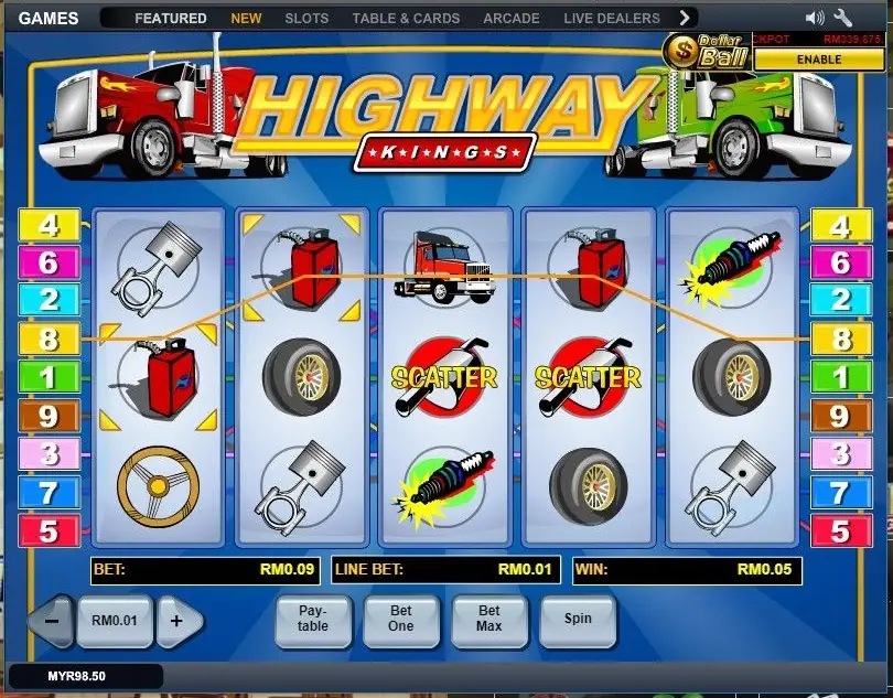 Red jerry cans on reels 1 and 2 paying RM0.05 on line 8 of Highway Kings, with two red SCATTER badges on the middle row