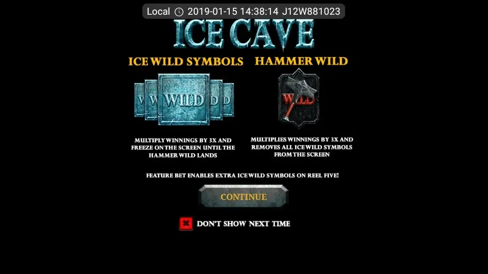 Ice Cave intro screen on LPE88 explaining ICE WILD SYMBOLS and HAMMER WILD, with the Feature Bet note and a CONTINUE button